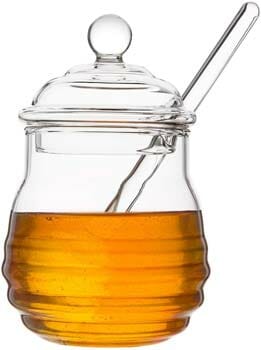 Mkono Honey Jar with Dipper and Lid Glass Beehive Honey Pot for Home Kitchen