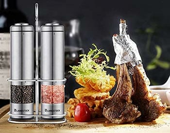 LED light and adjustable knob on each mill Electric Salt and pepper grinder by Lanestock long life-span Powerful motor Combo set of battery operated stainless steel spice grinders with stand 
