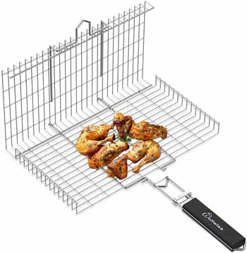 BBQ Barbecue Fish Grill Basket Folding Tool with Non-stick Handle Wooden I6V2